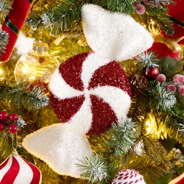 Bonbon de No&euml;l g&eacute;ant brillant rouge et blanc &agrave; suspendre L25cm (2 mod&egrave;les)