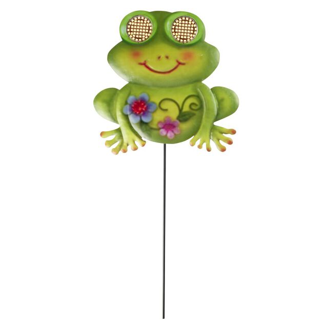 Piquet solaire &agrave; planter grenouille anim&eacute;e yeux LED blanc chaud H48cm
