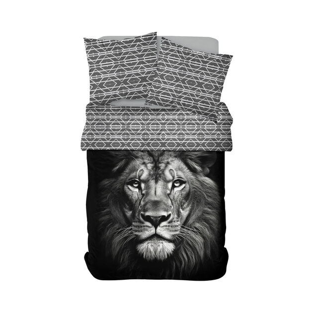 Parure de lit 2 personnes 240x220cm coton motif lion noir et blanc