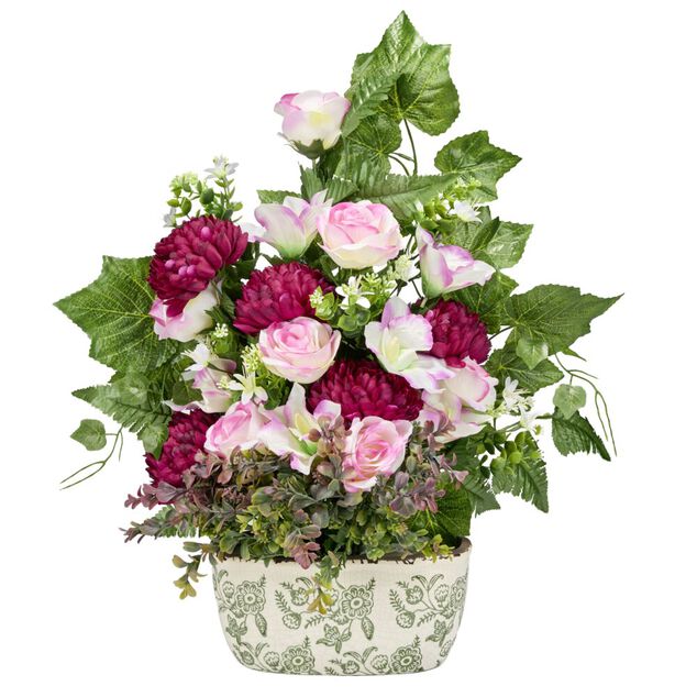Jardini&egrave;re c&eacute;ramique chrysanth&egrave;mes roses orchid&eacute;es lierre 58x10xH62cm (3 mod&egrave;les)