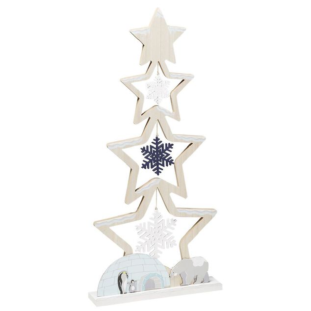 Sapin bois à poser décor flocons banquise bleu et blanc H75cm