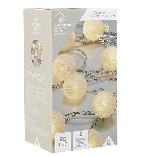 Guirlande lumineuse de No&euml;l boule effet craquel&eacute; blanc 20 led