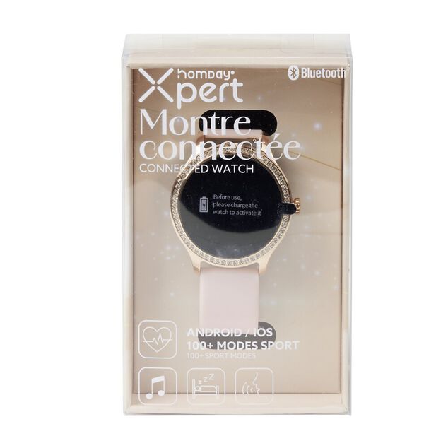 Montre connectée ronde strass bracelet silicone Ø5cm (2 modèles blanc ou rose)