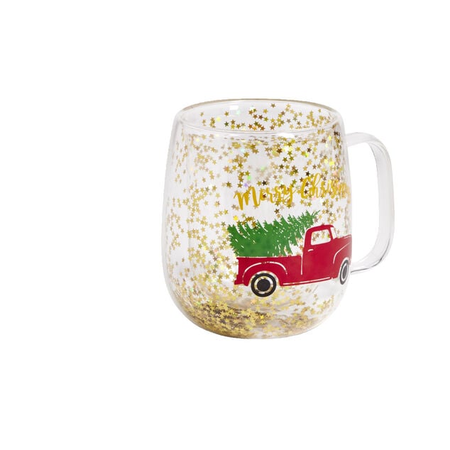 Mug No&euml;l verre transparent paillettes dor&eacute;es 350ml