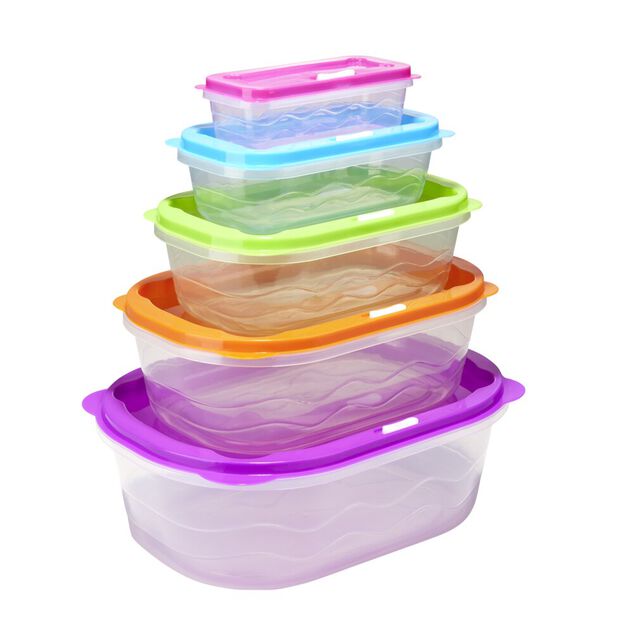 Bo&icirc;te alimentaire x5 embo&icirc;table plastique couvercle multicolore 27x19xH9,5cm