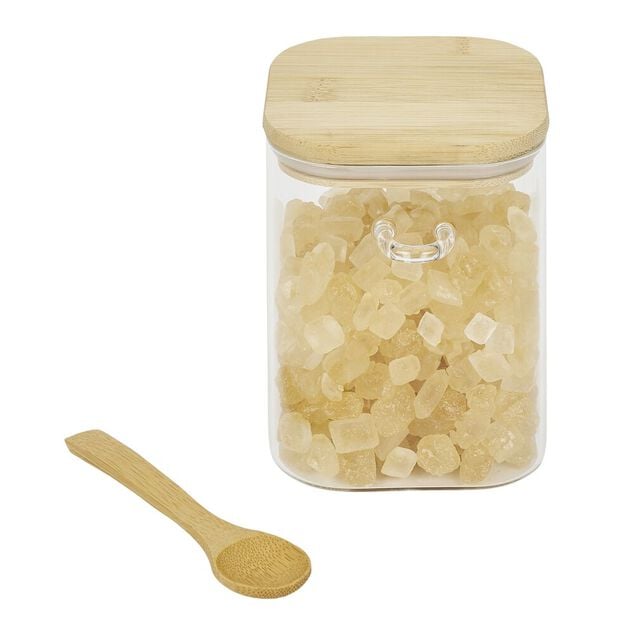 Bocal en verre transparent 850ml avec couvercle et cuill&egrave;re en bambou