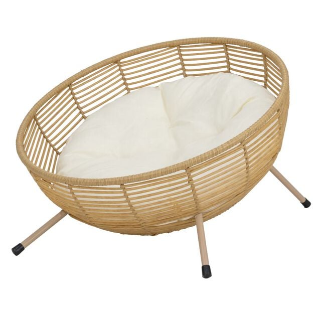 Couchage chat panier rond fa&ccedil;on tress&eacute; avec coussin beige &Oslash;50xH37cm