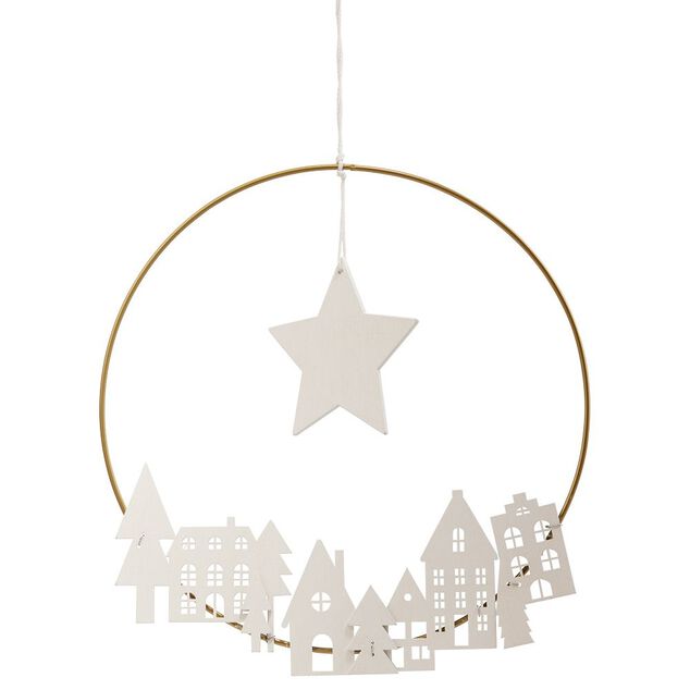 Couronne de No&euml;l en m&eacute;tal dor&eacute; d&eacute;cor chalet et &eacute;toile bois blanc &Oslash;26cm