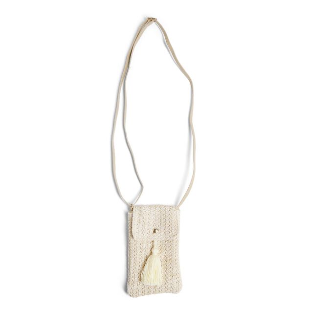 Pochette t&eacute;l&eacute;phone beige paille papier avec pompon