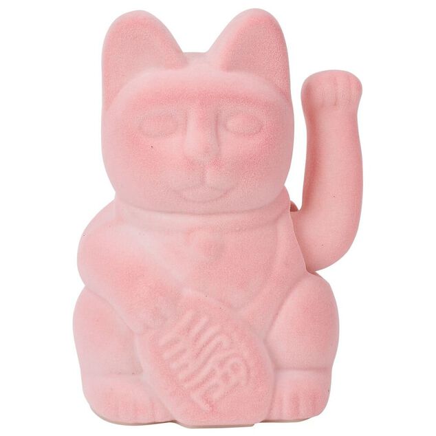 Chat porte-bonheur velours rose 11xH15x9cm