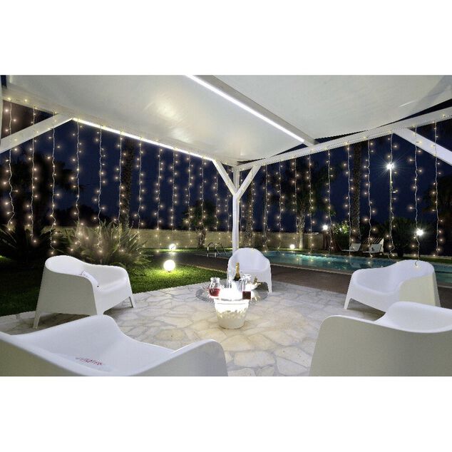 Guirlande rideau solaire 192 LED blanc chaud