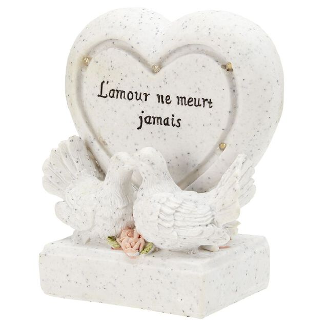 Coeur funéraire lumineux + colombe x2 en résine