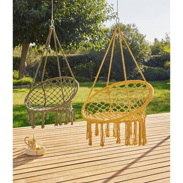 Si&egrave;ge suspendu rond Natura macram&eacute; ocre 80x60xH125cm