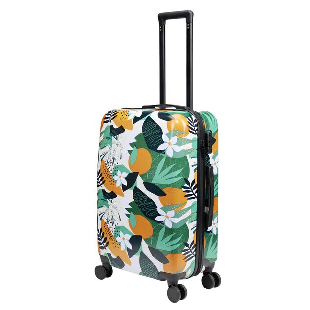 Valise cabine 64L trolley plastique ABS motif tropical avec cadenas 44x26xH67cm