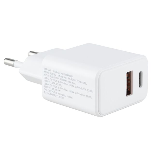 Chargeur mural 2 ports USB et USB-C 20W (2 mod&egrave;les)