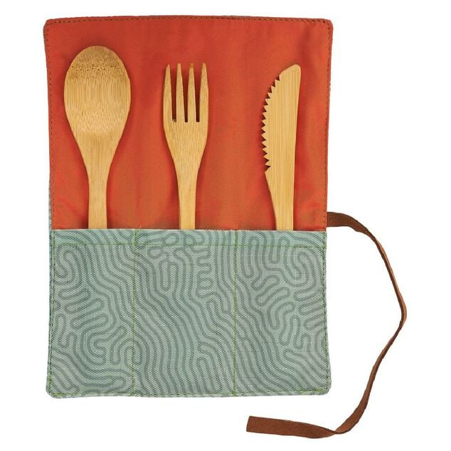Couverts en bambou x3 pochette tissu vert et orange