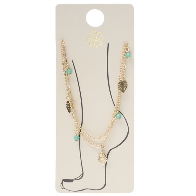 Cha&icirc;ne &agrave; 2 rangs pendentifs feuille de monstera et perles