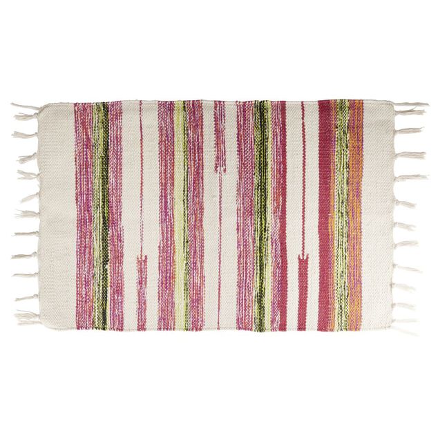 Tapis tress&eacute; &agrave; franges rayure beige et rouge 100% coton 40x60cm