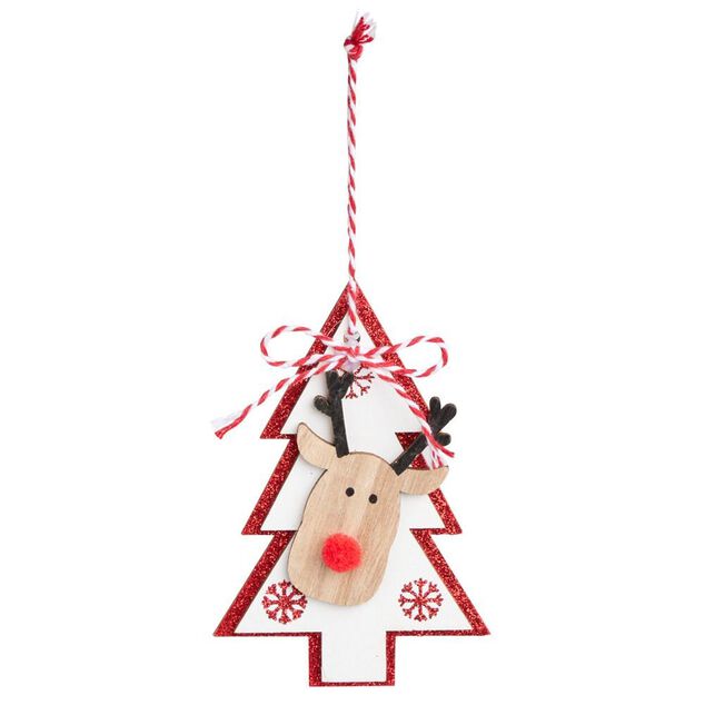 Suspension de No&euml;l en bois forme &eacute;toile ou sapin avec t&ecirc;te de renne 11x11cm