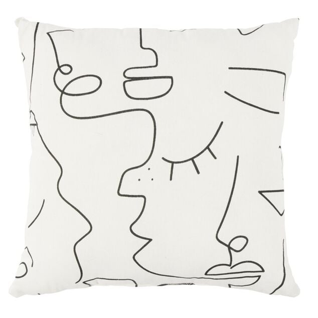 Coussin d&eacute;co line art visage 45x45cm blanc et noir