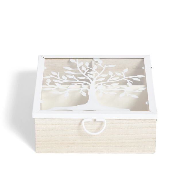 Bo&icirc;te bois et m&eacute;tal beige et blanc motif arbre 16x16x6cm