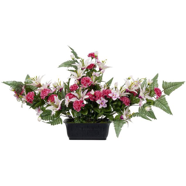 Jardini&egrave;re lys et oeillet artificiel violet et blanc L73xl27xH47cm