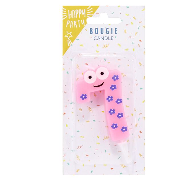 Bougie chiffre 7 personnage fleurs rose et violet H8,5cm