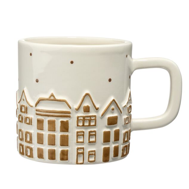 Mug imprim&eacute; relief village de No&euml;l &Oslash;18XH8 cm  c&eacute;ramique &eacute;cru et dor&eacute;