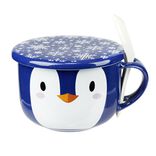 Jumbo bol à soupe 620ml avec cuillère motif pingouin bleu et blanc