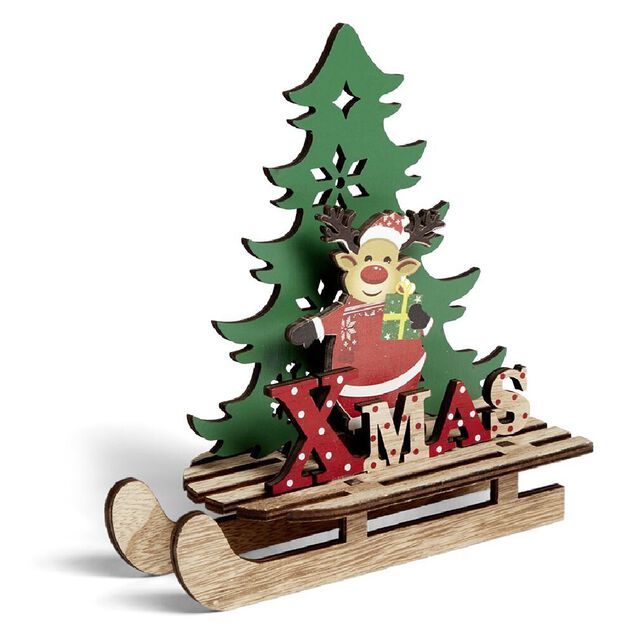 D&eacute;coration No&euml;l &agrave; poser en bois luge avec P&egrave;re No&euml;l ou renne H19cm