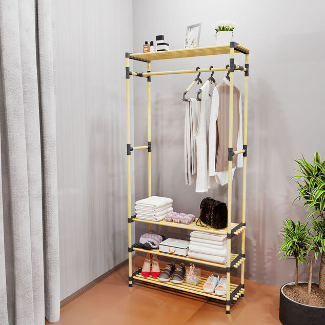 Penderie avec 3 &eacute;tageres bois beige et plastique noir - 77x28xH164cm