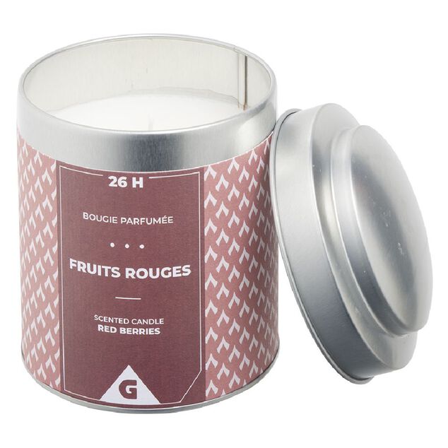 Bougie parfum&eacute;e dans pot m&eacute;tal gris et rouge senteur fruits rouges 26H