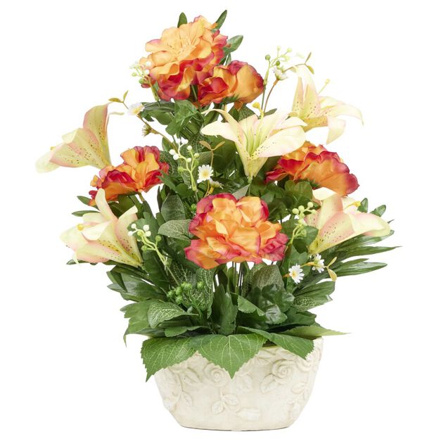 Composition florale jardini&egrave;re pivoine lys et mini fleurs avec ciment 42xH52cm (3 mod&egrave;les)