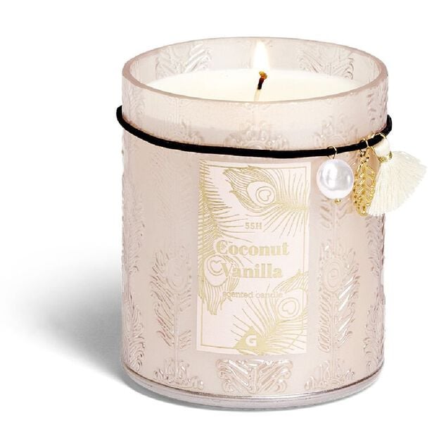 Bougie charm pampille Coconut Vanilla dans verre beige 55H