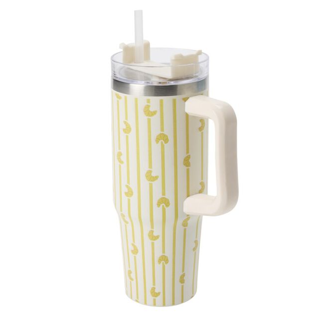 Mug de transport XL inox et plastique imprim&eacute; croissant et rayures avec anse H24cm