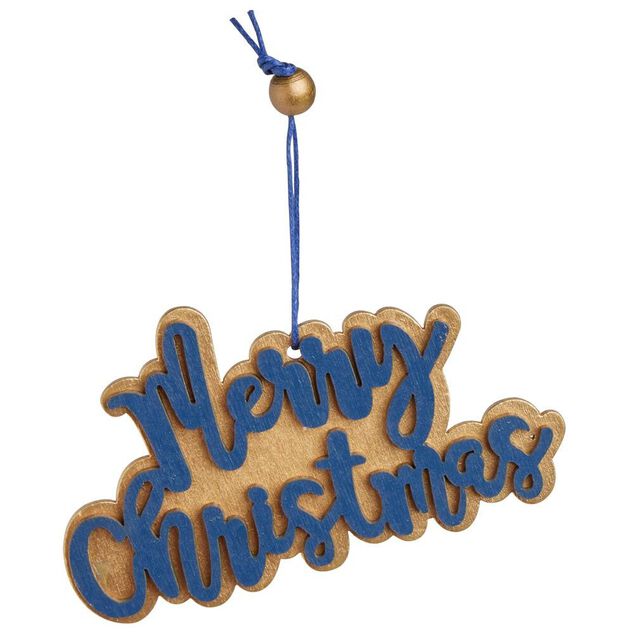 Suspension Merry Christmas dor&eacute; et bleu L10x6cm