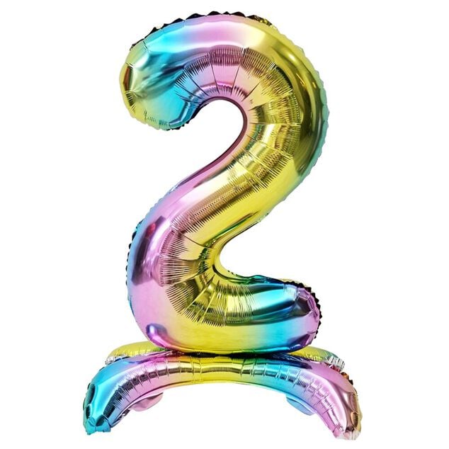 Ballon chiffre 2 avec support aluminium arc-en-ciel 51xH81cm
