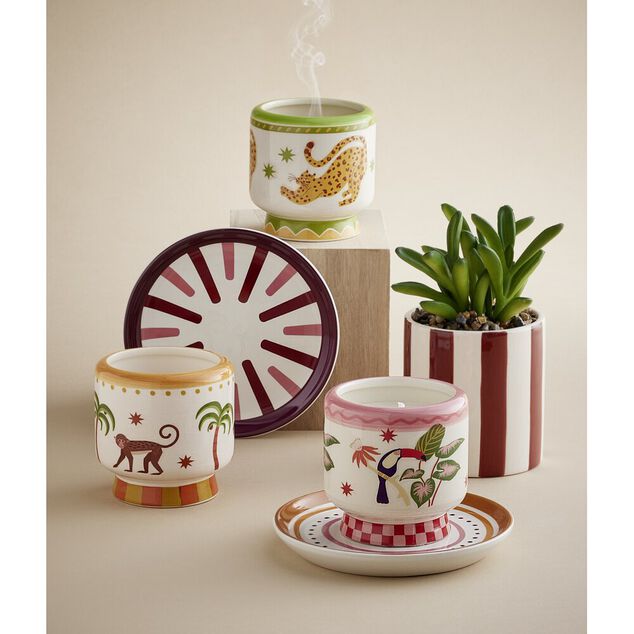 Bougie parfum&eacute;e dans pot c&eacute;ramique motif animal tropical &Oslash;8xH8cm (3 mod&egrave;les)