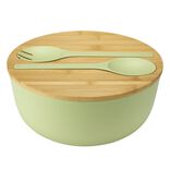 Saladier plastique vert avec couvercle bambou et couverts &agrave; salade assortis &Oslash;25cm