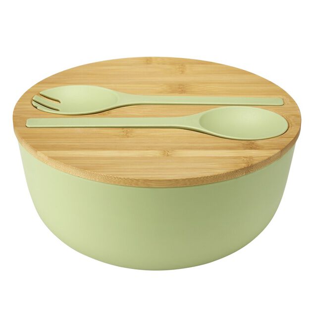 Saladier plastique vert avec couvercle bambou et couverts &agrave; salade assortis &Oslash;25cm