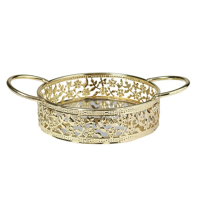 Plateau d&eacute;co dor&eacute;e fond en verre avec poign&eacute;es