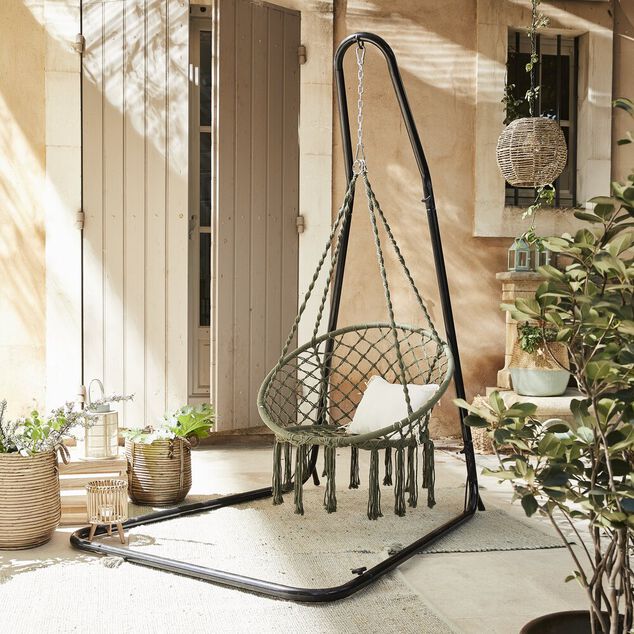 Si&egrave;ge suspendu Natura macram&eacute; vert 80x60xH125cm