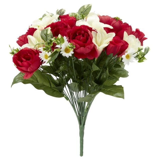 Piquet de rose lys pivoine paquerette rouge fleur artificielle H43cm
