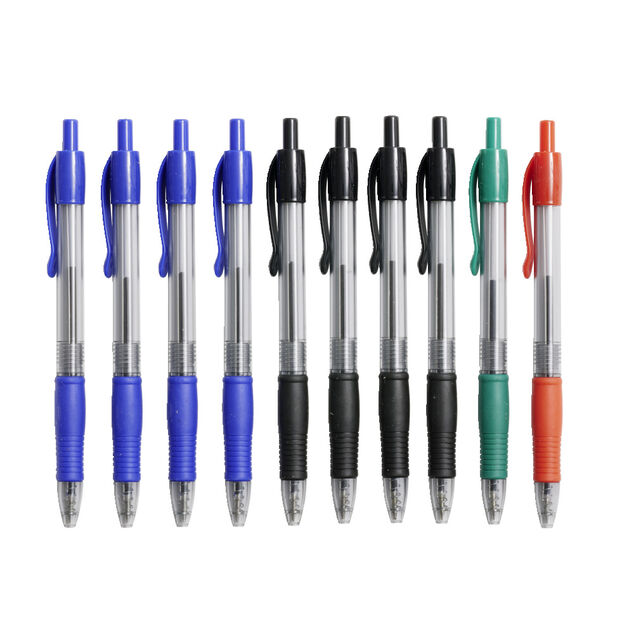 Stylo bille r&eacute;tractable noir rouge bleu vert x10