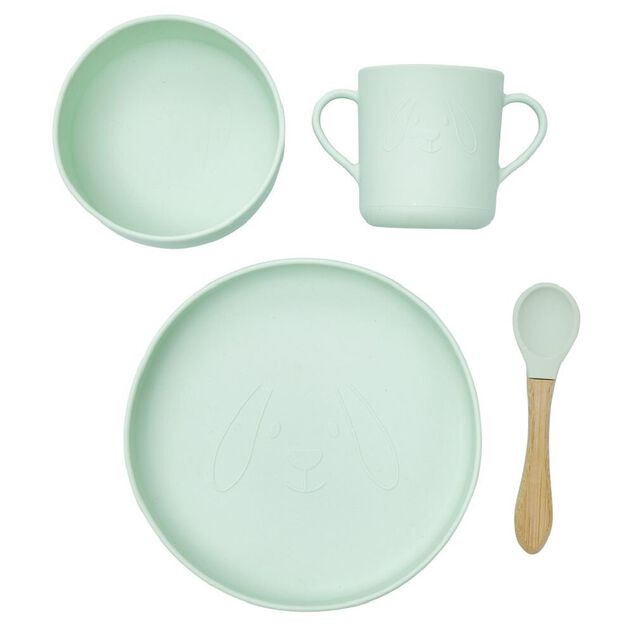 Coffret repas B&eacute;b&eacute; silicone 4 pi&egrave;ces vert et bois