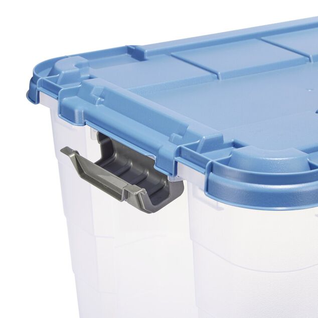 Box de rangement 80L plastique transparent 4 roues couvercle malin bleu 79x39xH36cm