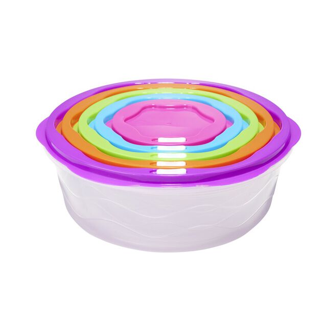 Bo&icirc;te alimentaire x5 embo&icirc;table plastique couvercle multicolore &Oslash;25xH9,5cm