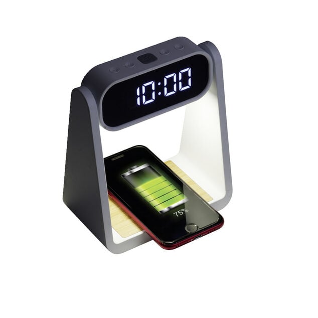 Lampe LED 3en1 horloge num&eacute;rique et chargeur &agrave; induction