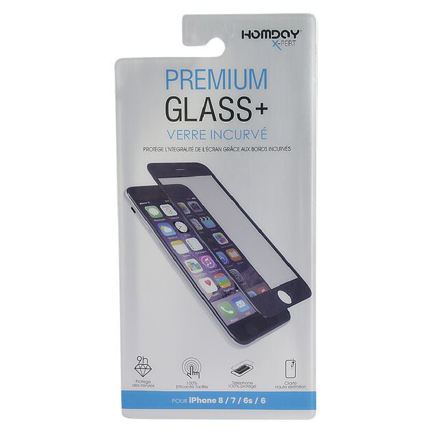 Verre trempé 3D pour Iphone 6, 6S, 7 et 8 transparent et noir