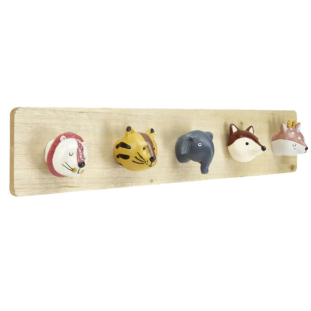 Pat&egrave;re enfant en bois 5 crochets t&ecirc;te animal 55x7xH10cm